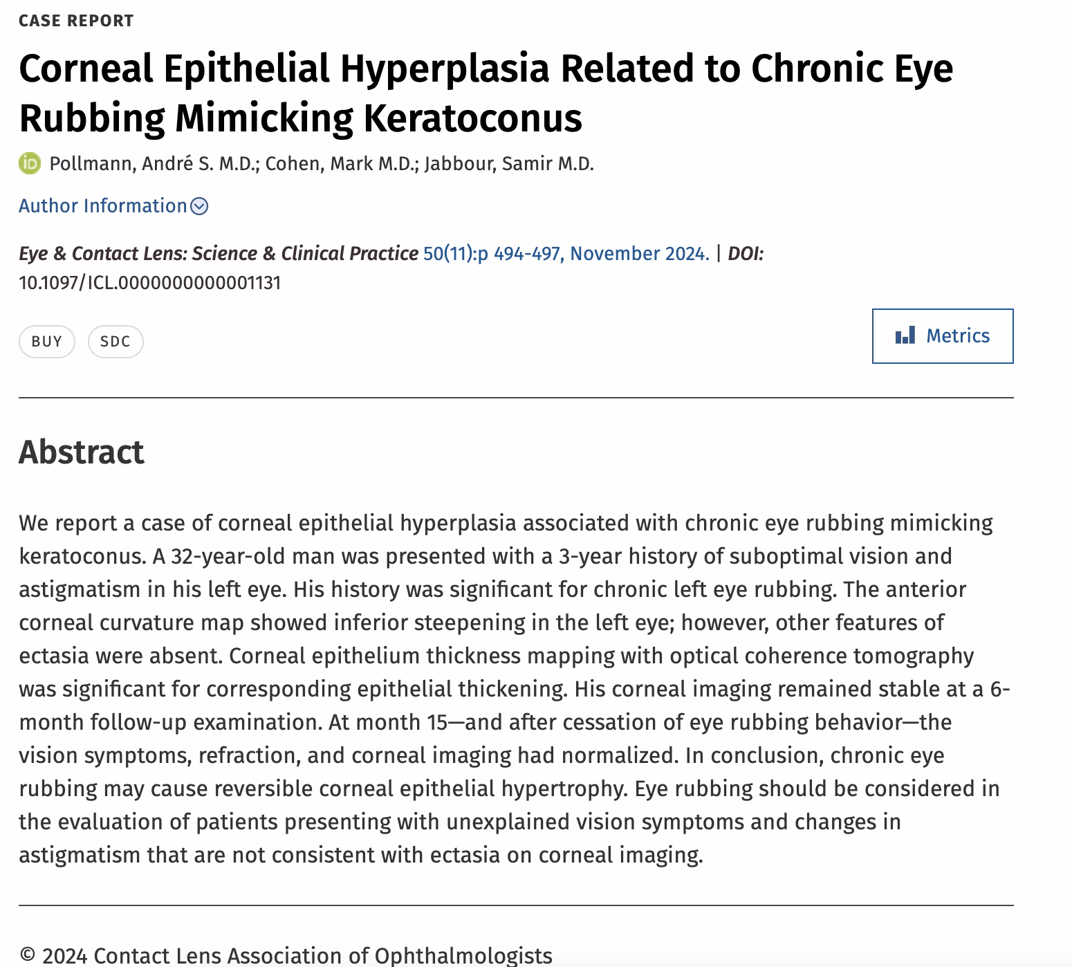 CORNEAL EPITHELIAL HYPERPLASIA RELATED TO CHRONIC EYE RUBBING MIMICKING KERATOCONUS
