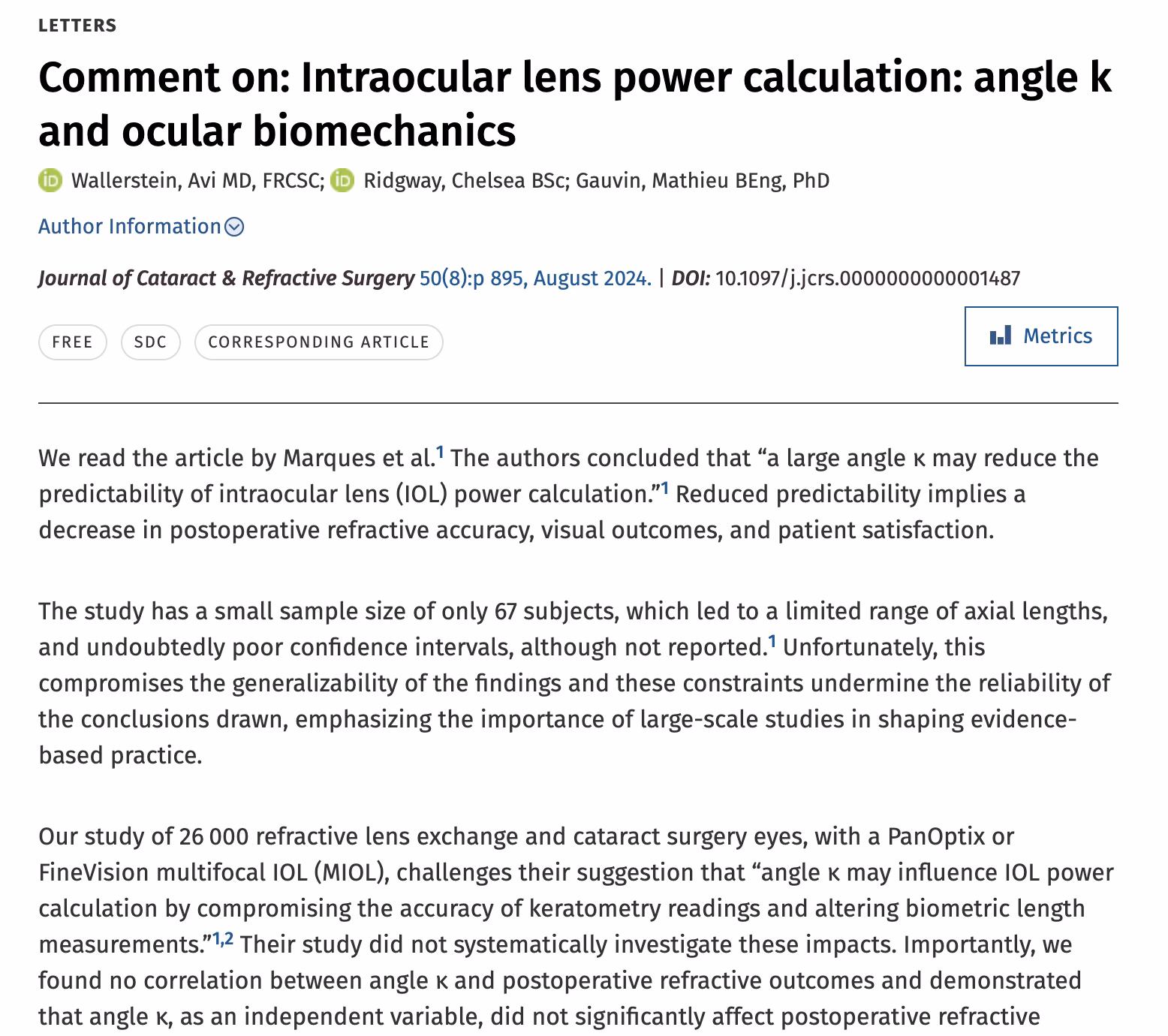 COMMENT ON: “INTRAOCULAR LENS POWER CALCULATION: THE CONTRIBUTION OF ANGLE K AND OCULAR BIOMECHANICS”