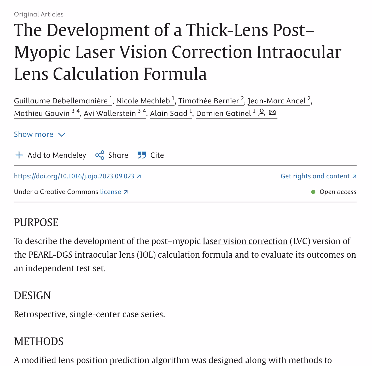 The Development of a Thick-Lens Post–Myopic Laser Vision Correction Intraocular Lens Calculation Formula