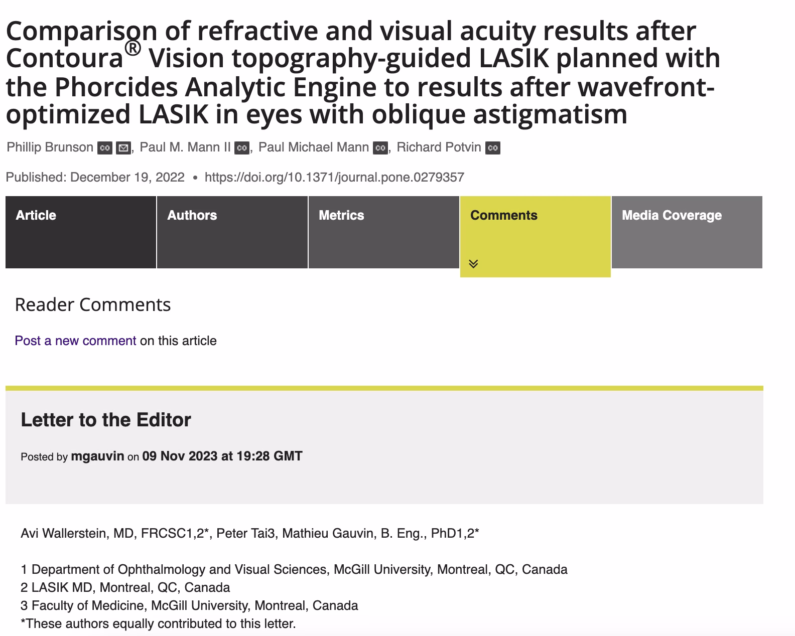 COMMENT ON: COMPARISON OF REFRACTIVE AND VISUAL ACUITY RESULTS AFTER CONTOURA® VISION TOPOGRAPHY-GUIDED LASIK PLANNED WITH THE PHORCIDES ANALYTIC ENGINE TO RESULTS AFTER WAVEFRONT-OPTIMIZED LASIK IN EYES WITH OBLIQUE ASTIGMATISM